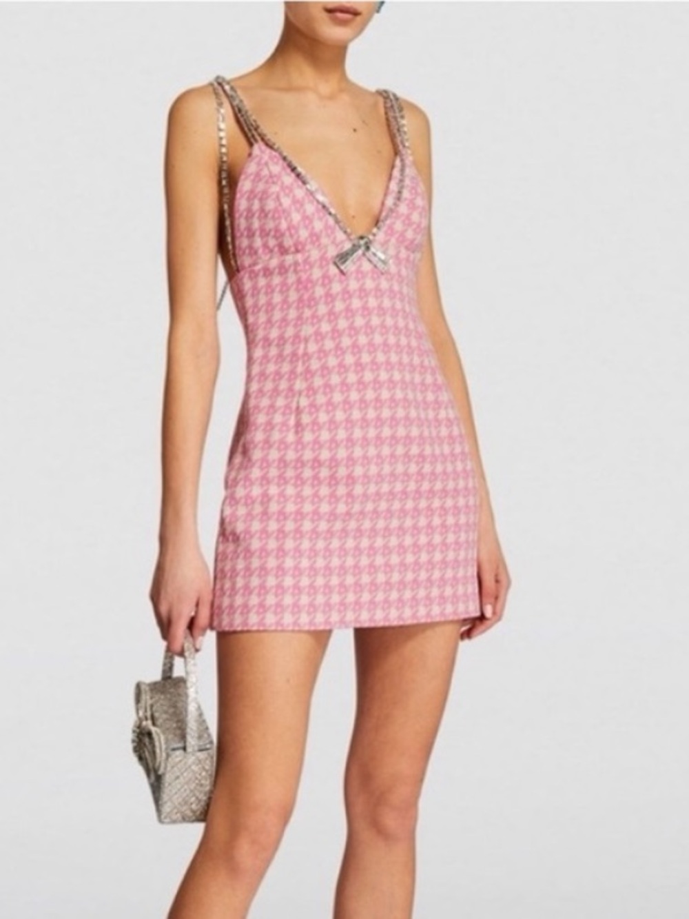 AREA rhinestones Strap Pink Houndstooth Mini Dress NEW